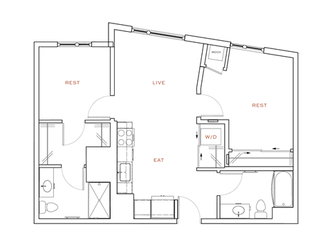Floor plan for 2 beds, 2 baths, 803 sqft